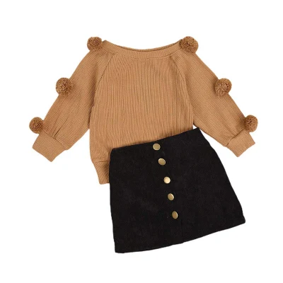 ABC Kids Kids Toddler Baby Girl Fall Winter Outfit Long Sleeve Pompom Knitted Shirt Sweater Top Button Skirt 2PCS Clothes Set